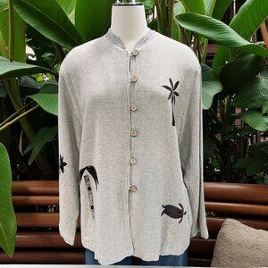 Alegre Hand Painted Linen Blend Palm Tree Sea Turtle Button Shirt Top XL